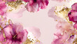 Elegant pink flowers alcohol ink background with gold glitter elements