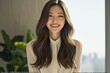 A beautiful young Korean woman in her early to mid 20s, smiling warmly and standing upright with long hair, wearing an elegant white blouse