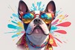 A Boston Terrier dog wearing colorful sunglasses and a beaded necklace