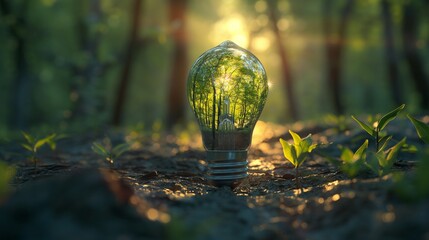 Poster - AI generated illustration of a tree planted in a light bulb placed in a forest