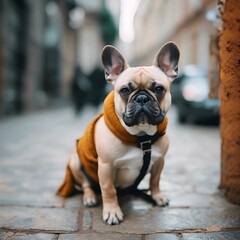 Poster - AI generated illustration of a cute bulldog in a jacket sitting on a street