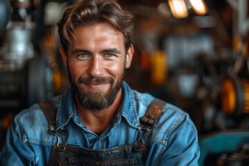 A portrait of a cheerful, bearded man in a denim apron, suggesting he is a craftsman or artisan