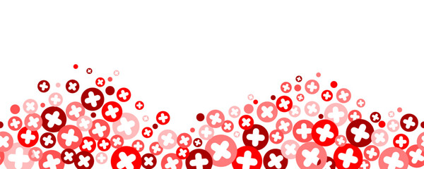 Medical cross and plus background. Abstract seamless red border for hospital healthcare and pharmacy. Geometrical shapes ornament. Vector wallpaper