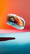 Showcase the vibrant colors of a flying sushi roll with a play of shadows and light  AI generated illustration