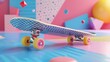 Skateboard deck and wheels in a geometric motif 3d style isolated flying objects memphis style 3d render  AI generated illustration