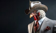 Gentleman, boss rooster with red crest in hat, suit and tie. Banner header. AI generated.