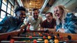 A business team taking a break from work to play a game of foosball, their faces filled with excitement and competition. The game is close, and the room is filled with cheers and laughter.