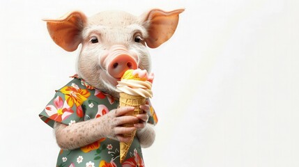 Wall Mural - little pig wearing summer dress eating ice-cream isolated on white background 