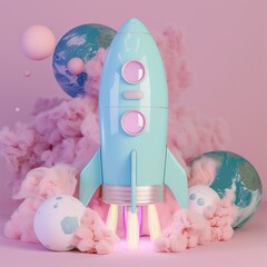 A pastel colored rocket ship is taking off from a pink planet with two moons.  The rocket has pink smoke coming out of its boosters.  There are also several planets and moons floating around the rocke