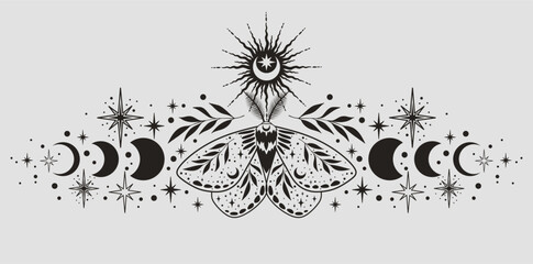 сelestial boho border divider with moon moth. botanical art.