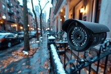 A Close-up Of A Security Camera Installed On An Iron Fence With A Snowy City Street And Cars In The Background