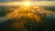 Sunset with misty fog covering tree tops and hills, AI-generated.
