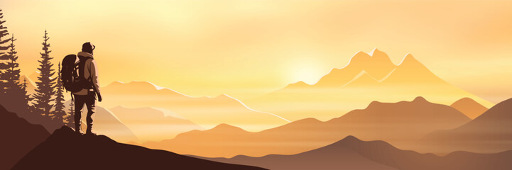 Wall Mural - A tourist meets the sunrise in the mountains, hiking, adventure tourism and travel, vector illustration
