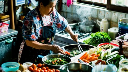 Wall Mural - A kitchen table laden with fresh produce, with a woman skillfully preparing a vegetarian stir fry in a small wok.