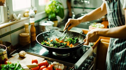 Wall Mural - A kitchen table laden with fresh produce, with a woman skillfully preparing a vegetarian stir fry in a small wok.