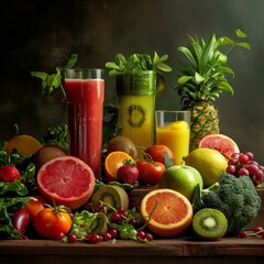 Poster - some fruits and vegetables are sitting next to a glass with juice