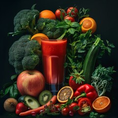 Poster - a still life of a pile of fruits and vegetables around a juicer