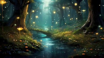 Wall Mural - this fantasy forest is filled with glowing fireflies and butterflies