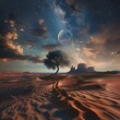 AI generated illustration of a solitary tree in a desert landscape under the night sky