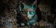 AI generated illustration of a statue of cat with green eyes seated in hole