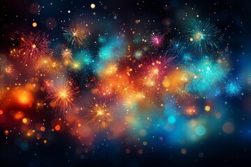 Wall Mural - AI generated illustration of vibrant fireworks display with blurred bokeh effects and stars
