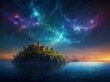 AI generated illustration of an isolated island floating in a surreal night sky with clouds
