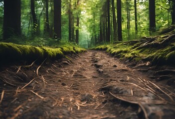 Poster - AI generated illustration of a sunlit forest path with no people