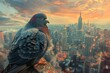 A majestic pigeon perched high above an urban landscape, with a breathtaking sunset casting a warm glow over the city skyline.


