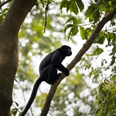 Wall Mural - AI generated illustration of a monkey sitting in a tree gazing upwards