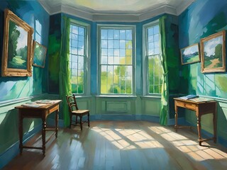 Wall Mural - AI generated illustration of a green room with a writing desk