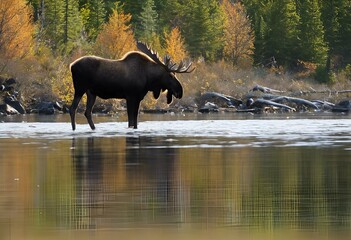 Poster - AI generated illustration of a majestic moose wading in water surrounded by lush forest