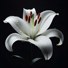 Sticker - AI-generated illustration of a white lily adorned with water droplets