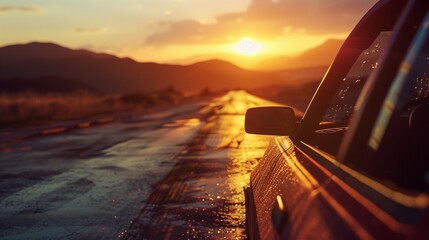 Poster - a car is parked on a rainy, road at sunset