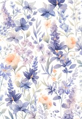 Poster - AI generated illustration of Blue and purple flowers on white backdrop