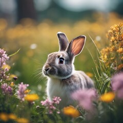 Wall Mural - AI generated illustration of a small rabbit surrounded by flowers in a field