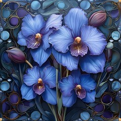 Poster - Vibrant painting featuring blue orchids, AI-generated.