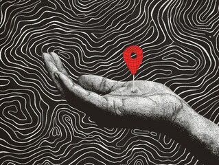 A black and white hand holds a red location pin, creating a destination sign in a modern collage style. Vector illustration. 
