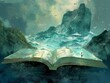 Depicting the concept of an open magic book, featuring open pages with representations of water and land, along with a small child. This illustration embodies themes of fantasy, nature