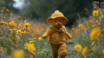 Canvas Print - a teddy bear dressed in an orange coat and hat runs through some flowers