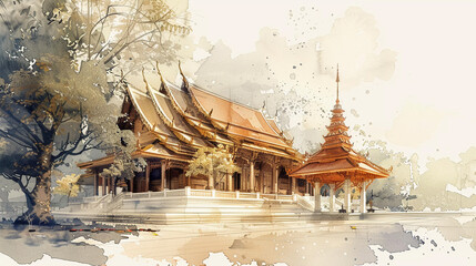 Sketch of Thai Temple in Misty Ambiance