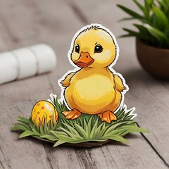 Wall Mural - a duck with easter egg on the grass near a plant