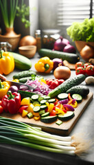 Sticker - AI-generated illustration of a Variety of fresh vegetables on a cutting board and kitchen counter