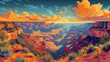 Vibrant sunset colors and textures in an illustration of the Grand Canyon, AI-generated.