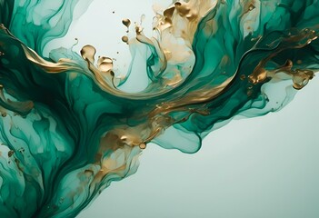 Sticker - Abstract painting of green waves with golden accents, AI-generated,