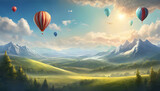 Hot air balloon soaring over majestic mountains, offering a colorful aerial view of the breathtaking landscape and endless sky, background, banner