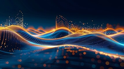 Wall Mural - Technological futuristic illustration featuring a wave of luminous particles, visualizing big data within a 3D technological landscape. Ideal for Design, Background, Cover, Poster, Banner, PPT, KV des