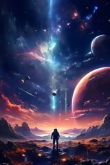 Wall Mural - AI generated illustration of a solitary astronaut gazes at stars on a remote planet