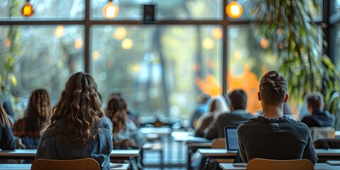 Wall Mural - A defocused image capturing the atmosphere of a seminar room with people attending lectures and educational sessions