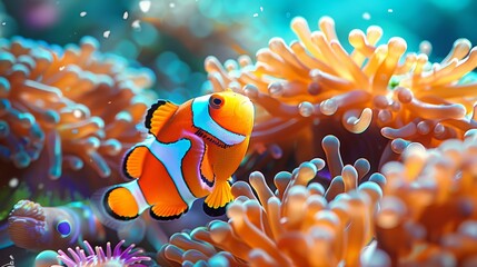 Wall Mural - The Nemo clown fish family lives among colorful anemones in the sea. The wallpaper depicts an underwater scene 