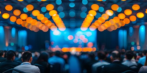 Wall Mural - Abstract background of a busy convention hall with blurred figures engaged in discussions and presentations